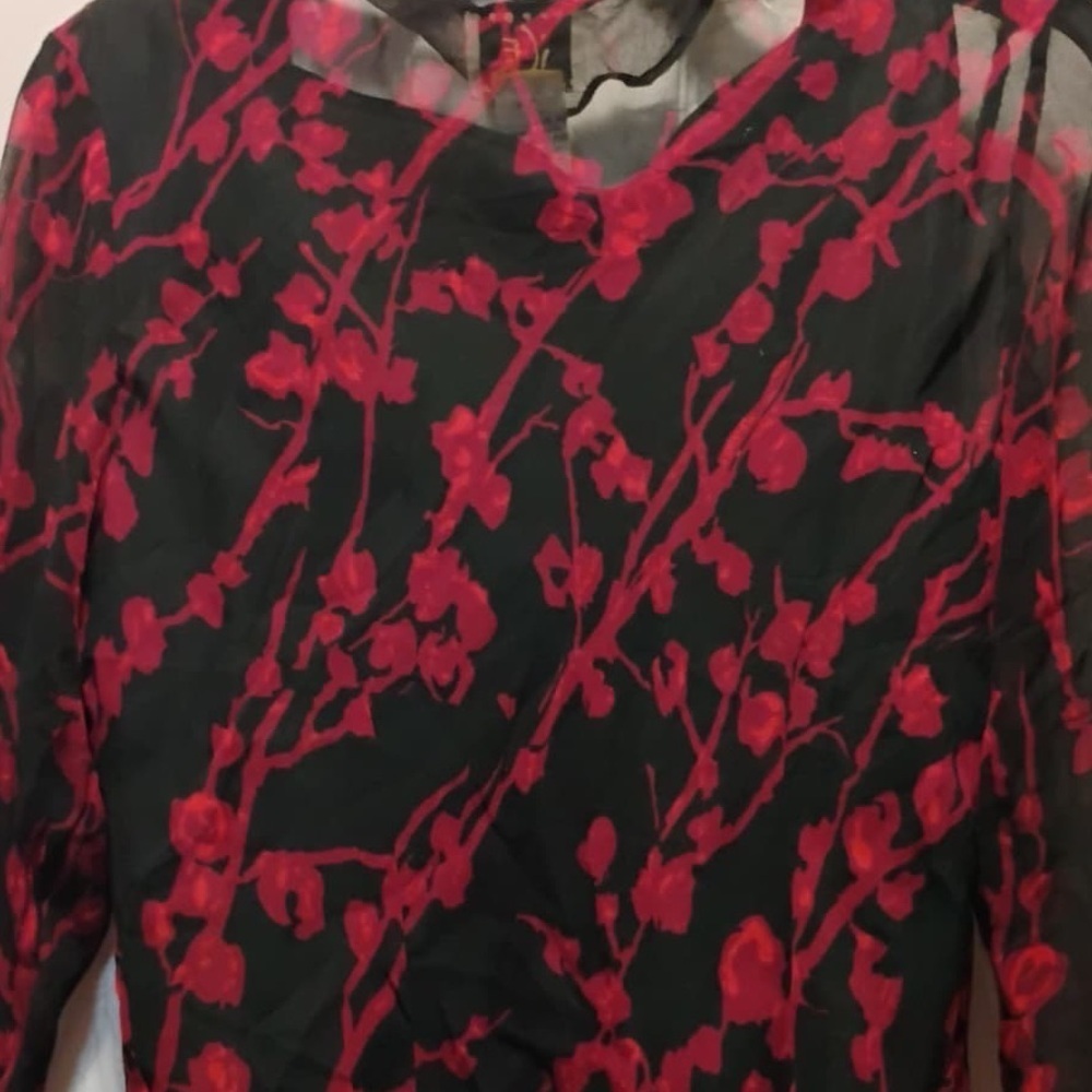 Vintage Ice 100% Silk Sheer Red Floral Blouse with Sequins Black Lining Size XL - Picture 6 of 6